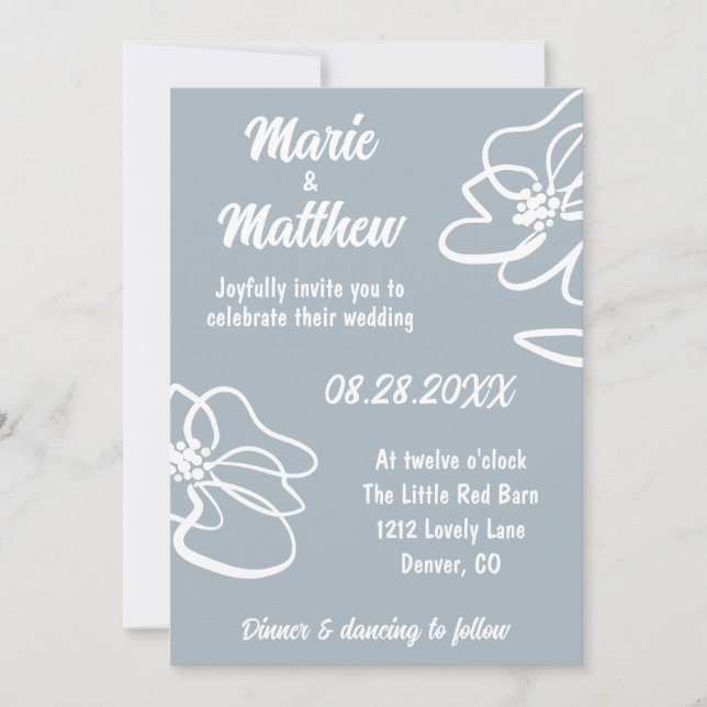 Classic Photo Blue Grey Floral Wedding Invitation (Front)