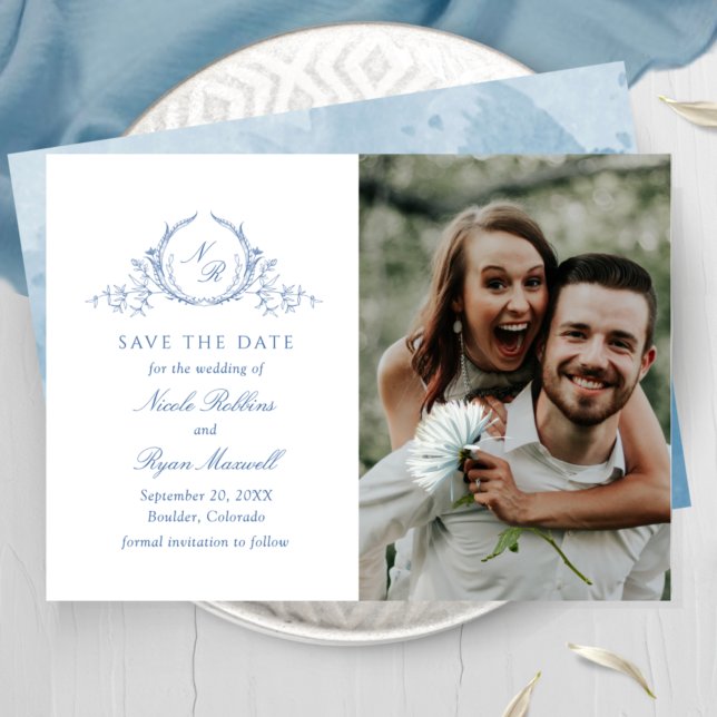 Classic, Photo Blue Monogram Wedding Save The Date (Creator Uploaded)