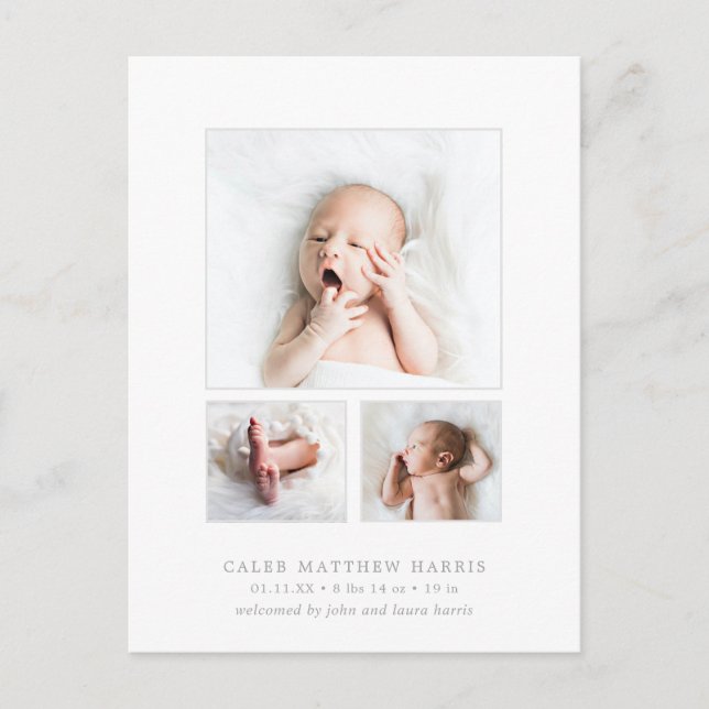 Classic Photo Collage Grey Baby Boy Birth Announcement Postcard (Front)