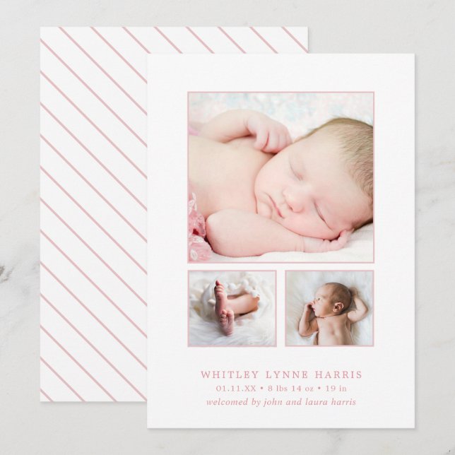 Classic Photo Collage Pink Baby Girl Birth Announcement (Front/Back)