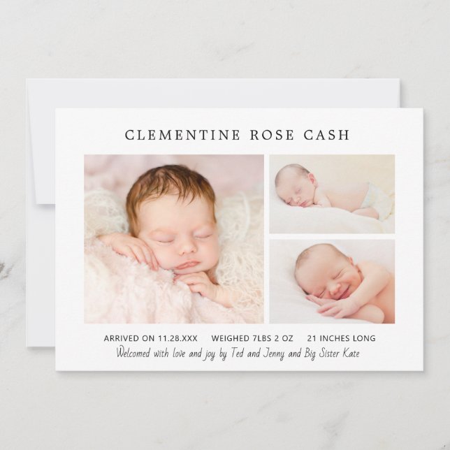 Classic Photo Collage Pink Baby Girl Birth Announcement (Front)