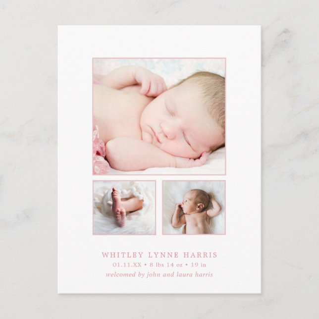 Classic Photo Collage Pink Baby Girl Birth Announcement Postcard (Front)