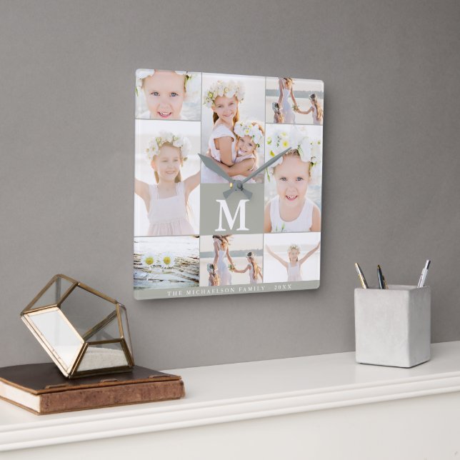 Classic Photo Collage with Monogram and Name Square Wall Clock (Office)