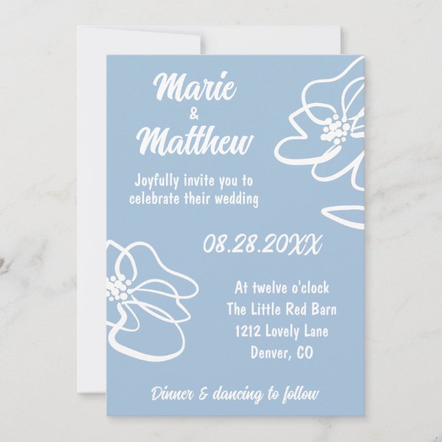 Classic Photo French Blue Floral Wedding Invite (Front)