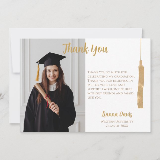 Classic Photo Gold Tassel Graduation Thank You Card (Front)