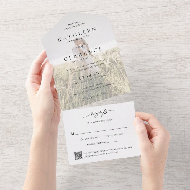 Classic Photo QR Code Elegant Wedding All In One Invitation (Tearaway)