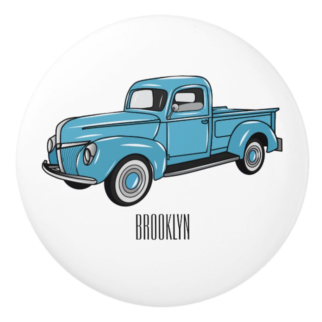 Classic pick up truck cartoon illustration ceramic knob (Front)