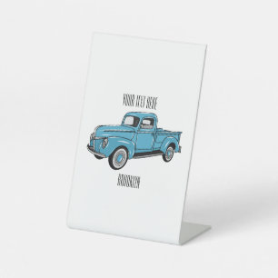 Classic pick up truck cartoon illustration pedestal sign
