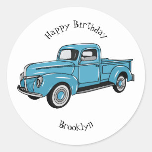 Classic pick up truck cartoon illustration round sticker
