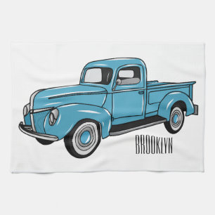 Classic pick up truck cartoon illustration tea towel