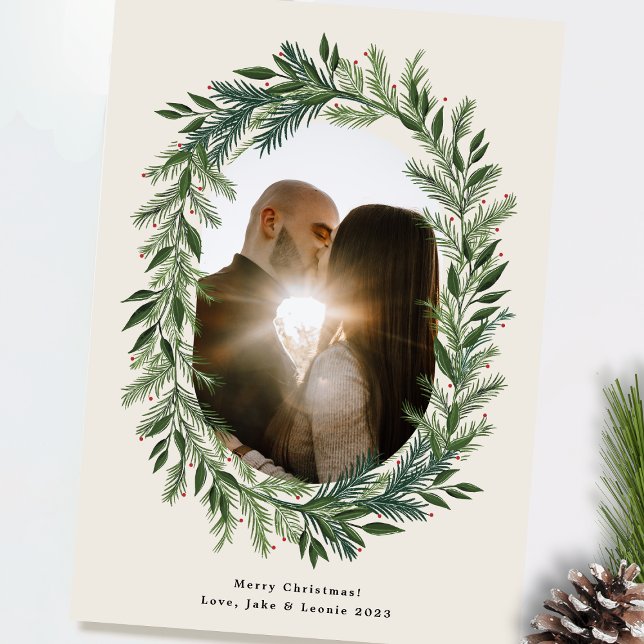Classic pine frame wreath Christmas photo Holiday Card (Creator Uploaded)