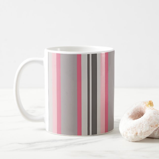 Classic Pink and Gray Striped Coffee Mug (With Donut)