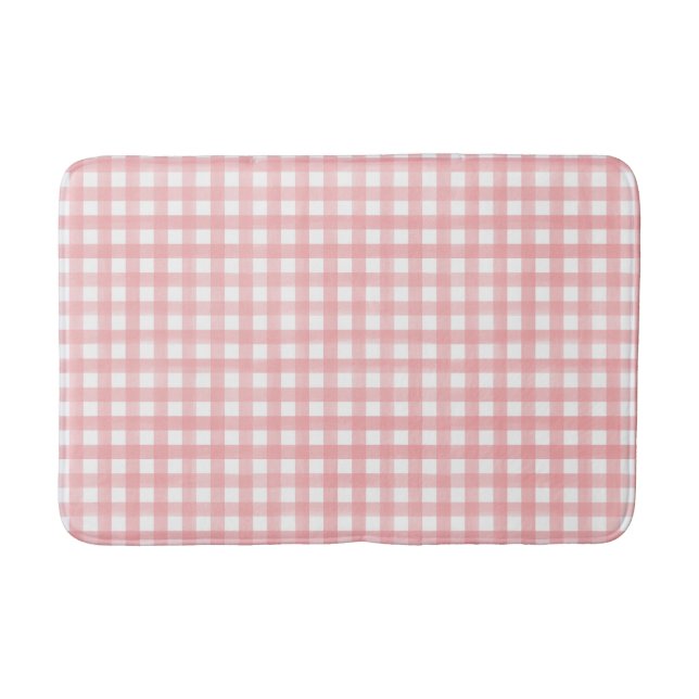 Classic Pink and White Gingham Plaid Patterned Bath Mat (Front)