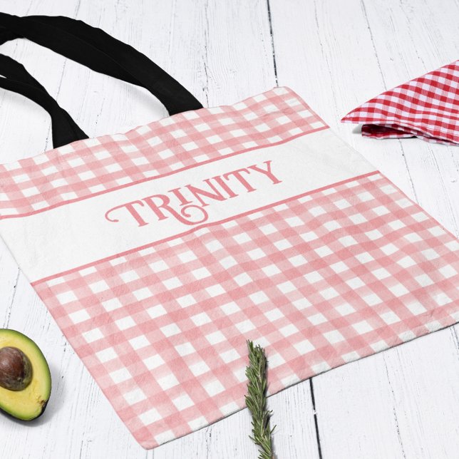 Classic Pink and White Gingham Plaid Personalised Tote Bag (Creator Uploaded)