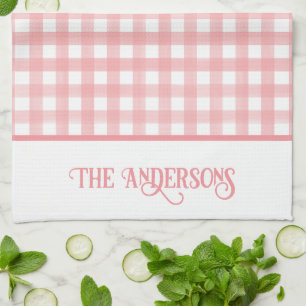 Classic Pink and White Gingham Plaid Personalized Tea Towel