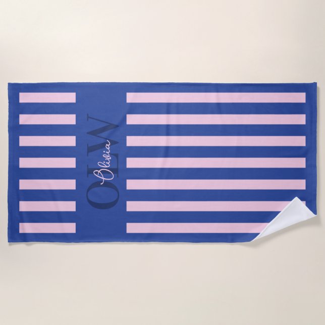 Classic Pink & Blue Stripe Personalised Custom Beach Towel (Front)