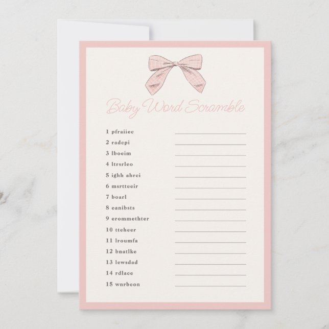 Classic Pink Bow Baby Shower Word Scramble Game Invitation (Front)