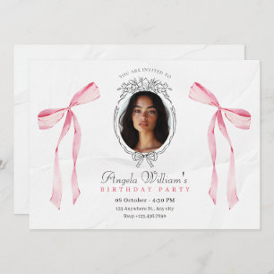 Classic pink bow elegant photo birthday invitation