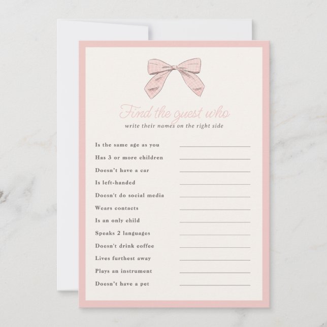 Classic Pink Bow Find the Guest Shower Game Card (Front)