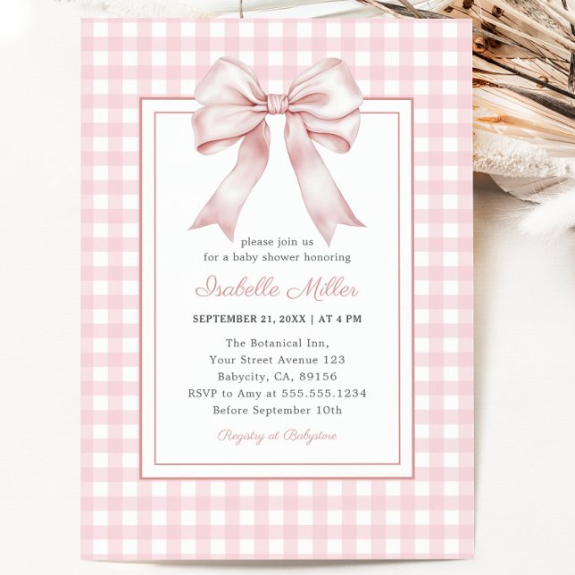 Classic Pink Bow Gingham Girl Baby Shower Invitation (Classic Pink Bow Gingham Girl Baby Shower Invitation)