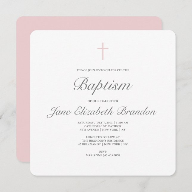 Classic Pink cross baptism invitation (Front/Back)