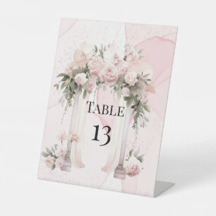 Classic Pink Floral Alcohol Ink Arch Table Number Pedestal Sign