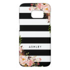 Classic Pink Floral Black White Stripes Monogram