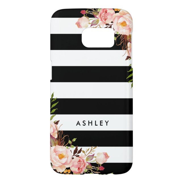 Classic Pink Floral Black White Stripes Monogram Case-Mate Samsung Galaxy Case (Back)