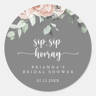 Classic Pink Floral Sip Sip Hooray Bridal Shower  Round Sticker