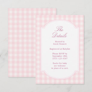 Classic Pink Gingham Baby Shower Details Enclosure Card