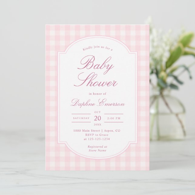 Classic Pink Gingham Baby Shower Invitation (Standing Front)