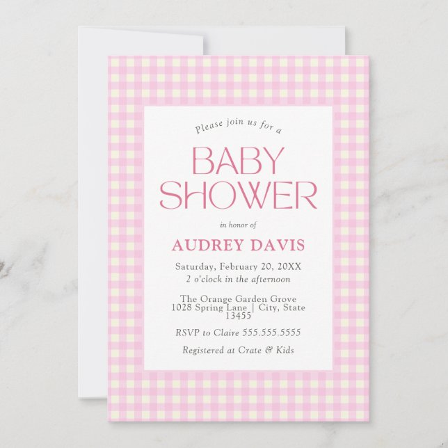 Classic Pink Gingham Girl Baby Shower Invitation (Front)
