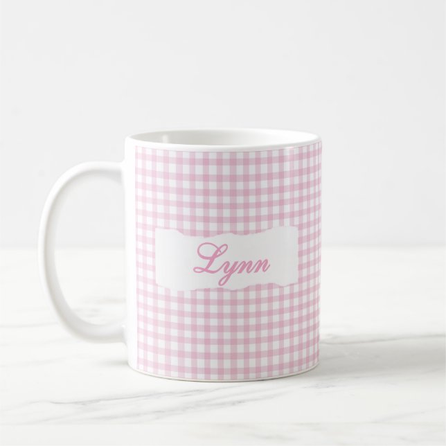 Classic Pink Gingham Personalized Name  Coffee Mug (Left)
