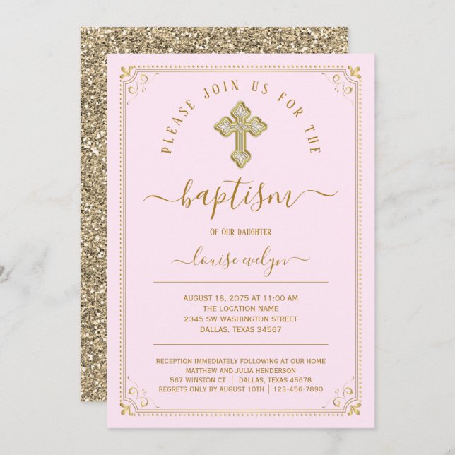 Classic Pink Gold Girl Baptism Invitation (Front/Back)