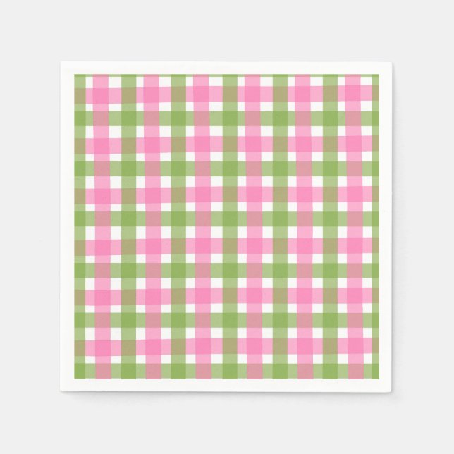 Classic Pink Green Gingham Party Napkin (Front)