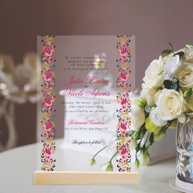 Classic Pink Green Yellow Floral Swan Bird Wedding Acrylic Invitations (Creator Uploaded)