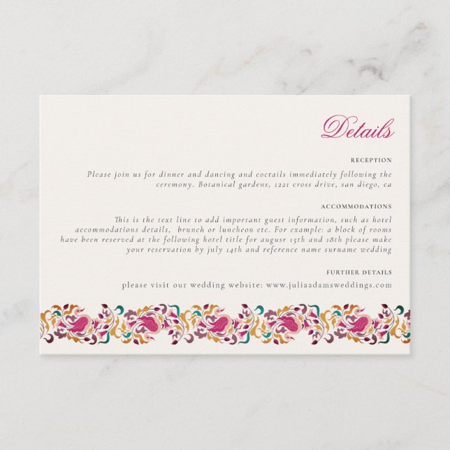 Classic Pink Green Yellow Floral Swan Bird Wedding Enclosure Card (Front)