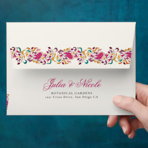 Classic Pink Green Yellow Floral Swan Bird Wedding Envelope