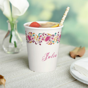 Classic Pink Green Yellow Floral Swan Bird Wedding Paper Cups