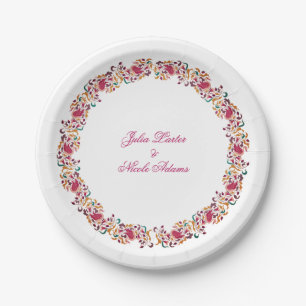 Classic Pink Green Yellow Floral Swan Bird Wedding Paper Plate