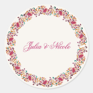 Classic Pink Green Yellow Floral Swan Bird Wedding Round Sticker
