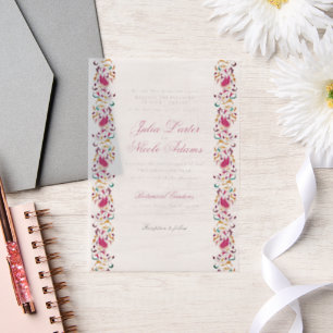 Classic Pink Green Yellow Floral Swan Bird Wedding Vellum Invitations