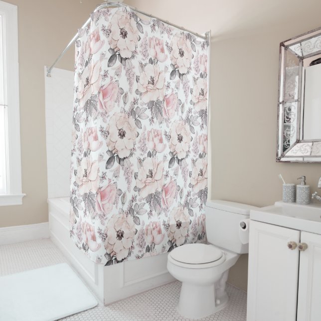 Classic Pink & Grey Pattern Shower Curtain (In Situ)