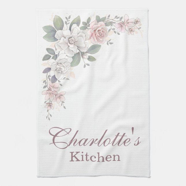 Classic Pink & Ivory Roses Flora Tea Towel (Vertical)