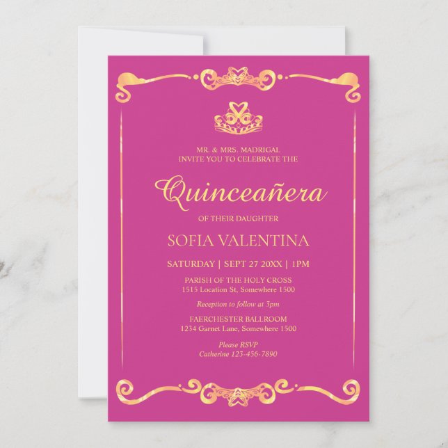 Classic Pink Magenta and Gold Quinceanera Invitation (Front)