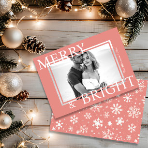 Classic Pink Merry & Bright Bold Snowflake Photo Holiday Card