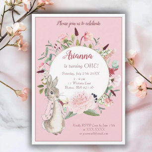 Classic Pink Peter Rabbit Floral Birthday  Invitation