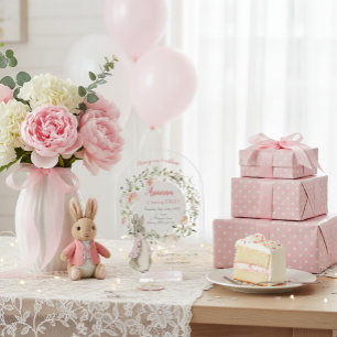 Classic Pink Peter the Rabbit Floral Birthday  Acrylic Invitations