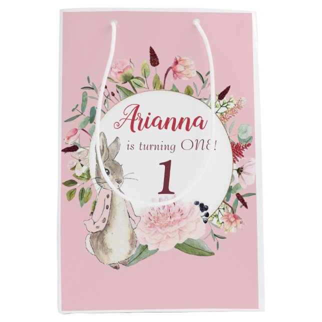 Classic Pink Peter the Rabbit Floral Birthday Medium Gift Bag (Front)