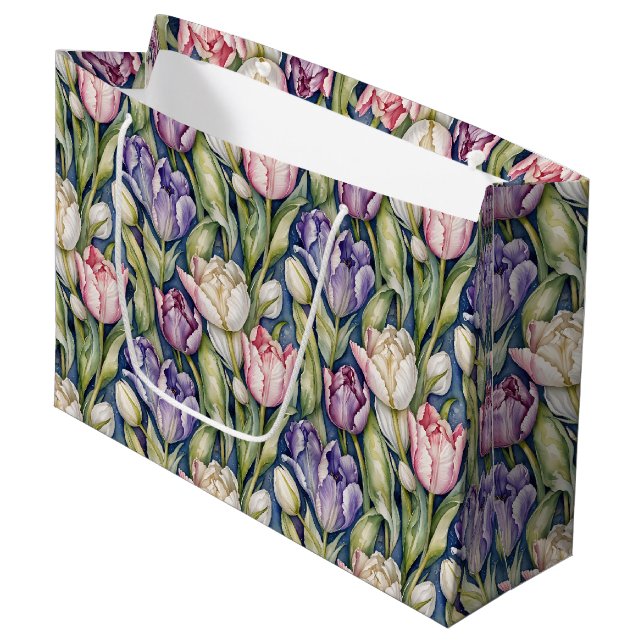 Classic Pink, Purple, Whute Tulips Large Gift Bag (Front Angled)